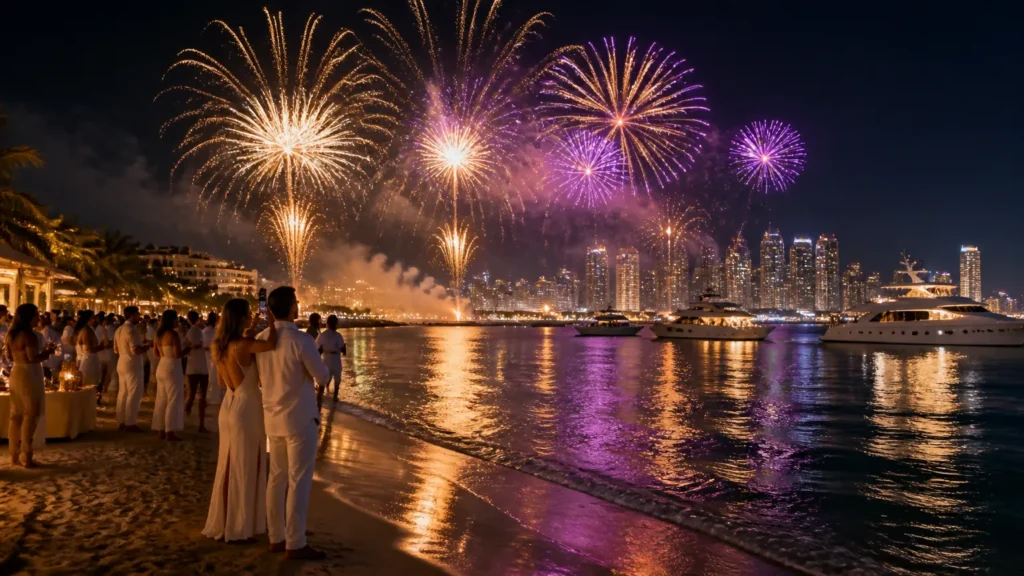 Queima de fogos no mar celebrando o réveillon em punta del este