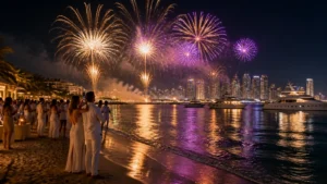 Queima de fogos no mar celebrando o réveillon em punta del este