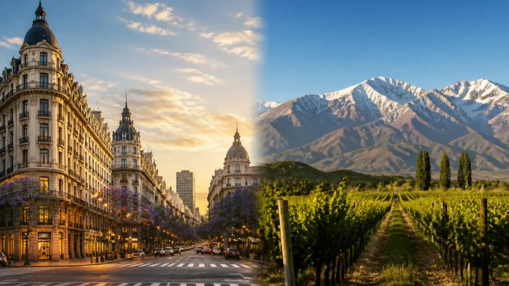 Roteiro de viagem combinando Mendoza e Buenos Aires com vinhedos e arquitetura urbana.